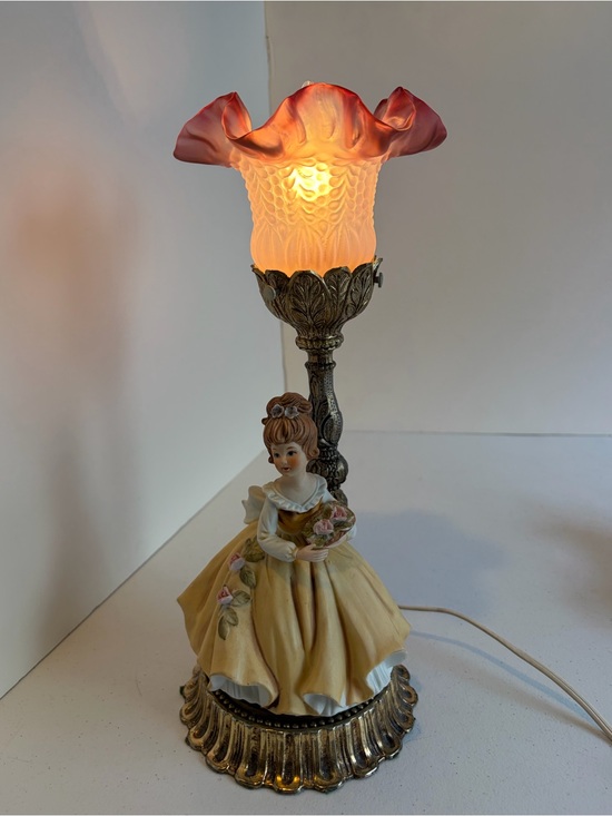 Vintage Other - Vintage Victorian Lady Figurine Table Lamp Pink Floral Glass Boudoir Cottagecore